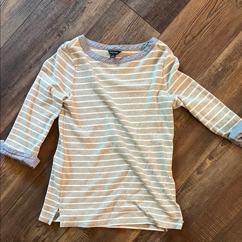 Nautica gray and White Striped Long Sleeve Top with denim sleeve cuffs